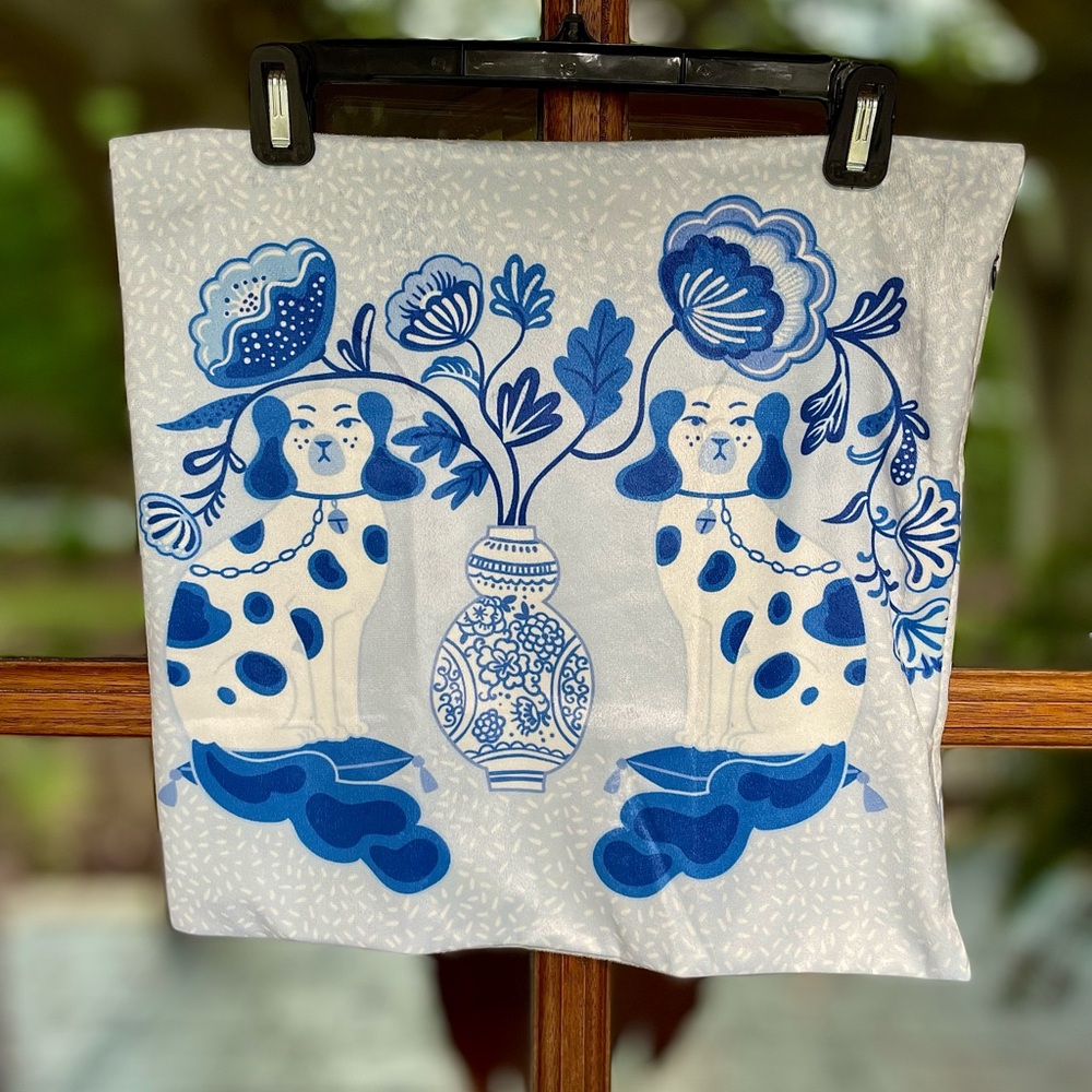 Staffordshire dog statues Blue and White pillow cover